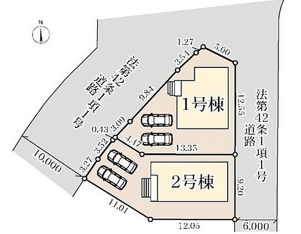 【全体区画図】限定２棟　新築分譲住宅です！
西 １０m 公道、東　６m 公道に面します。
閑静な住宅街、ゆったりお過ごしいただけます♪