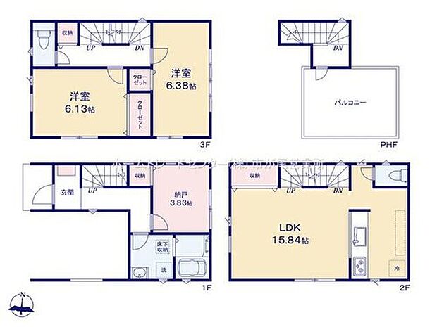 【2LDK+S】1階に洗面所、帰宅後すぐに手が洗えます♪
LDKは１５．８４帖、人気の対面式キッチン採用！
３階居室は全居室６帖以上＆２面採光☆
全居室に収納完備！
スカイバルコニー付♪