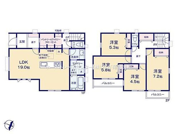 【4LDK】憧れの”パントリー&ファミリークローゼット”ございます♪
LDKは広々19帖、人気のオープンキッチン採用!
水回りを集約、機能的な家事動線♪
全居室2面採光&収納完備!
バルコニー2か所にございます☆