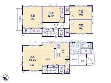 玄関近くに洗面所、帰宅後すぐに手が洗えます♪LDKは広々１８．５帖、人気の対面式キッチン＆リビングイン階段 採用！全居室に収納完備しております♪ 