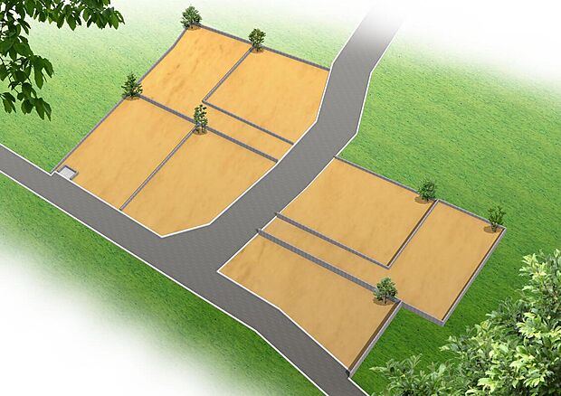 【土地完成予想図】
南東・南西道路に面する陽当たり良好な分譲地、豊富な建物プランが検討いただけます。