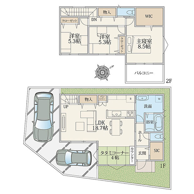建物プラン例(区画4)3LDK、土地面積119.02m2、建物面積107.64m2