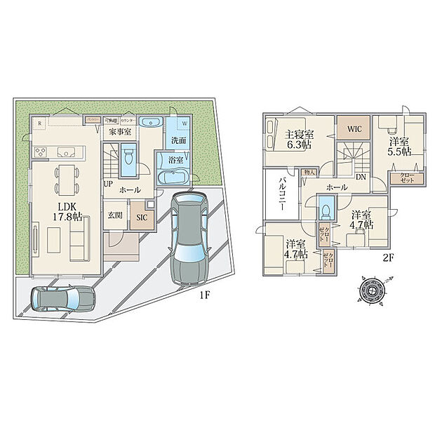 建物プラン例(区画1)4LDK、土地面積115.01m2、建物面積102.68m2