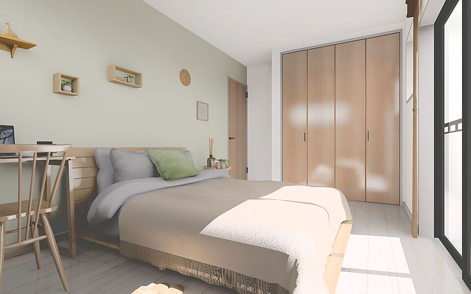 主寝室（イメージ画像）6.12帖の主寝室には扉付きの収納を設けスッキリとした空間になります。※イメージの為実際と異なる場合があります。
