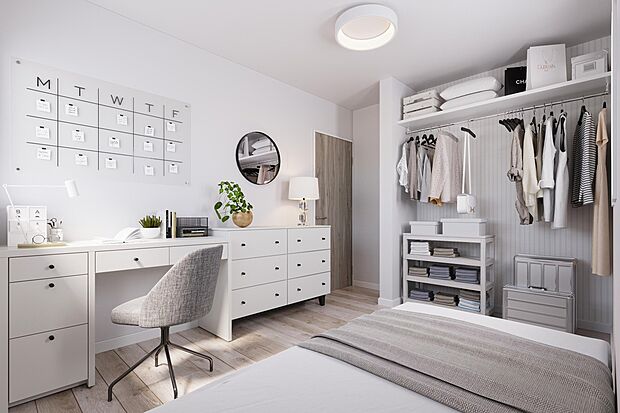 【洋室(イメージ画像)】居室にオープン収納を設け収納も魅せるインテリアのひとつに。こだわりの自分の部屋に仕上げられます。※イメージの為実際と異なる場合があります。※号棟により異なります。