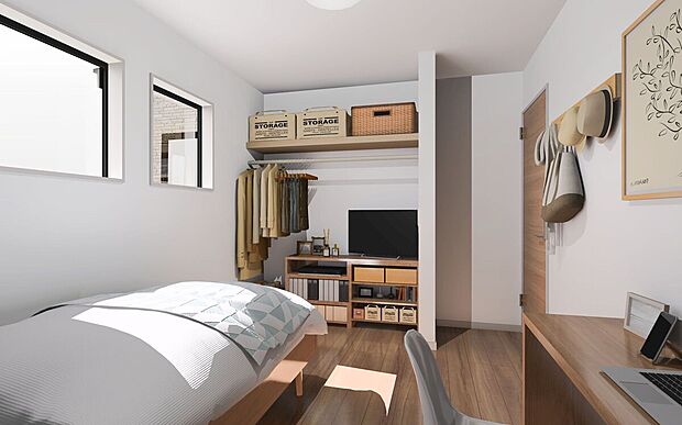 【洋室収納(イメージ画像)】居室にオープン収納を設け収納も魅せるインテリアのひとつに。こだわりの自分の部屋に仕上げられます。※イメージの為実際と異なる場合があります。号棟により異なります。