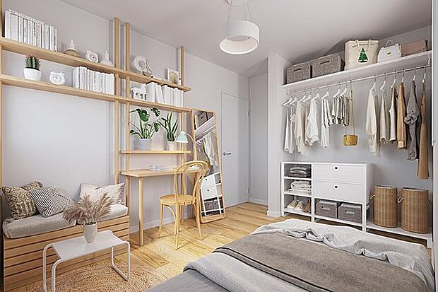 【洋室収納（イメージ画像）】居室にオープン収納を設け収納も魅せるインテリアのひとつに。こだわりの自分の部屋に仕上げられます。※イメージの為実際と異なる場合があります。号棟により異なります。