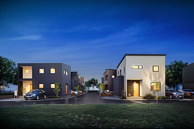 夜間の景観美化と防犯性を高めるため、街路灯やガーデンライトなどの照明設計にも重点を置いた街並みです（イメージパース）