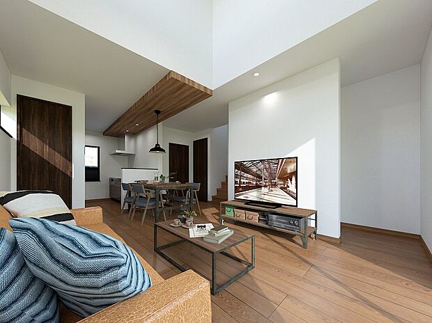 【【イメージパース】】2号地◇高い位置から光が降りそそぐ4.5帖の大きな吹抜け。通常より大きなサイズにリビング南窓など、LDK全体をとにかく明るくすることにこだわっています。