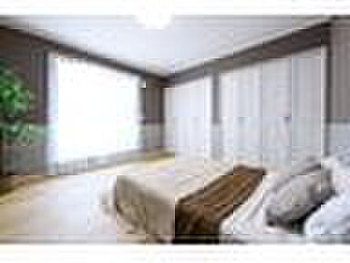 【【施工例/主寝室】】アクセントクロスで高級感を演出し、朝日が差し込む爽やかな空間です。