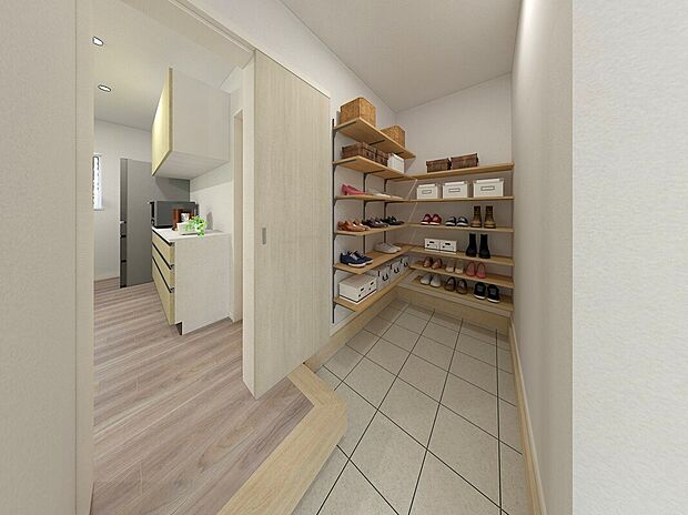 【【イメージパース】】シューズインクローゼットを備え、靴は勿論、傘や掃除用具に旅行用のカバン、ゴルフバックなどの大きなものもコチラに収納していただけます。