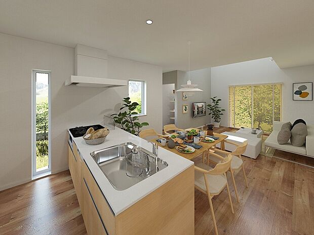 【(C号棟)完成予想図】◇フルフラットタイプのキッチンは、料理をしながら家族とコミュニケーションがとれるだけでなく、大きな開放感も得られます。(イメージパース)