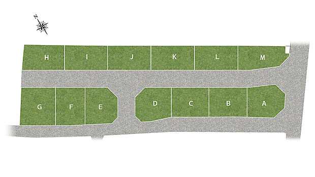 【全体区画図】
山陽電鉄「飾磨」駅まで徒歩約13分~14分。全13区画全て南向きで、明るく伸びやかな街並みが広がります。H号地は分譲地入口から距離があり通り抜けができないため落ち着いた環境です。