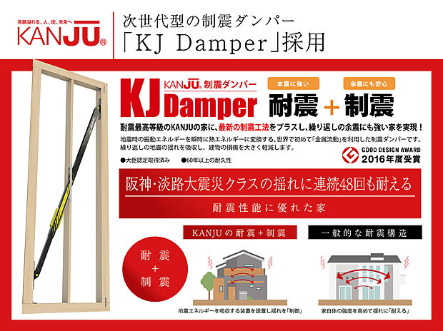【【次世代型制振ダンパー採用】】KANJUの強い家、耐震性能に優れた家を実現している技術のひとつが次世代型の「制震ダンパー/KJ Damper」です。産学協働の研究成果によって開発されたこの耐震・制震技術は、地震による建物の揺れを大きく低減し、しかも繰り返しの地震でも性能を低下させません。
