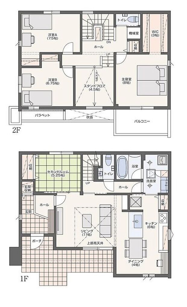 NO.3-5モデルハウス 間取り
・さらに高気密・高断熱を追求した「2×8工法」のモデルハウスが完成。
・水まわりが一直線に。同時進行の多い家事の効率がぐんとアップ!