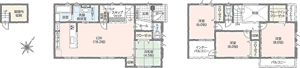 【1号棟：間取り】
キッチンから洗面脱衣室への導線が良く、家事効率の高いプラン。全室2面採光を採用し、のびやかな光と爽やかな風が生み出す明るい住空間で心地よくお過ごしいただけます。