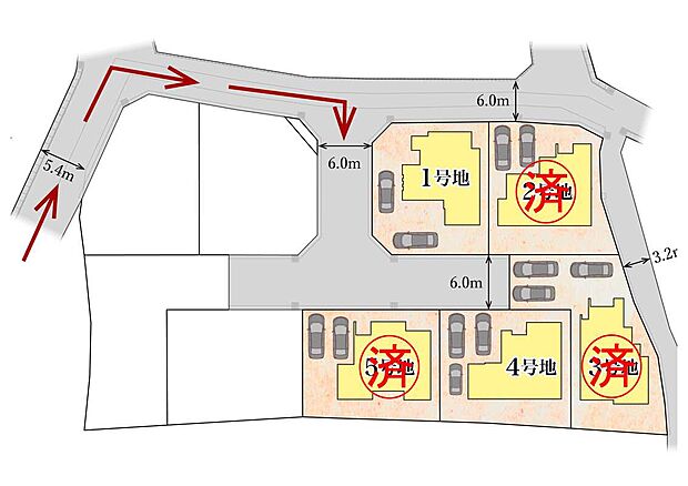 【区画図】最終2邸!!
全邸、54.0坪超の隣家との間隔が大きいゆとりのある区画です。明るい南面のリビングダイニングをプランニング♪カースペースは安心の2台以上駐車可能です。
