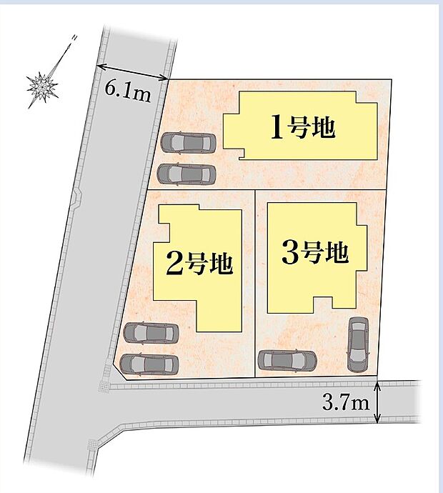 【区画図】
全邸、50坪超のゆとりのある区画。カースペースは2台確保しているため、セカンドカーやお客様来訪時にも安心です。閑静な住宅街が広がる落ち着いた住環境です。