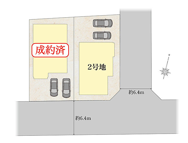 【区画図】全2区画のゆとりある分譲地。2区画それぞれに駐車スペースを確保し、敷地形状を活かした住まいづくりが叶います。早くも1区画ご成約!残り1区画となりましたので、ぜひお早めにご検討ください。