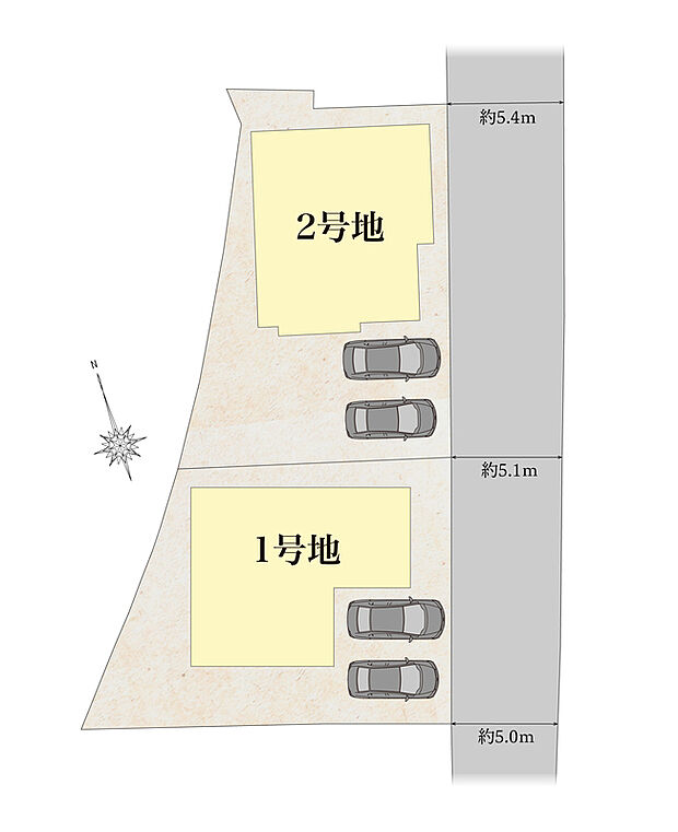 【区画図】約54坪超のゆとりある敷地に駐車スペース2台分を確保した全2区画。住まいはもちろん、庭などの屋外空間にもゆとりを持たせやすく、伸びやかな暮らしを楽しめます。