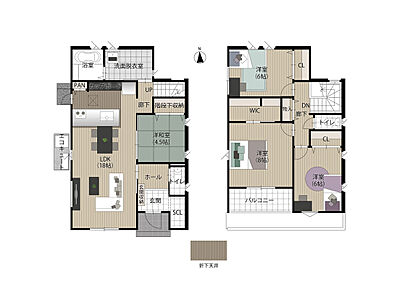LDKと和室を合わせた広さは22.5帖とゆったり広々した空間が生まれます。キッチンの後ろには洗面室が配置され、忙しい朝にも快適な家事動線のプラン。 