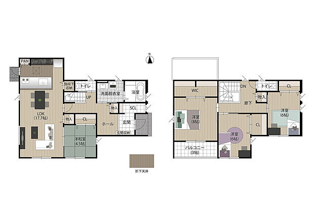 【4LDK】LDKと和室を合わせた広さは22.2帖と広々開放的な空間。おしゃれなだけでなく、機能的にも優れたペニンシュラキッチンを採用。調理スペースも広く、快適にお料理ができます