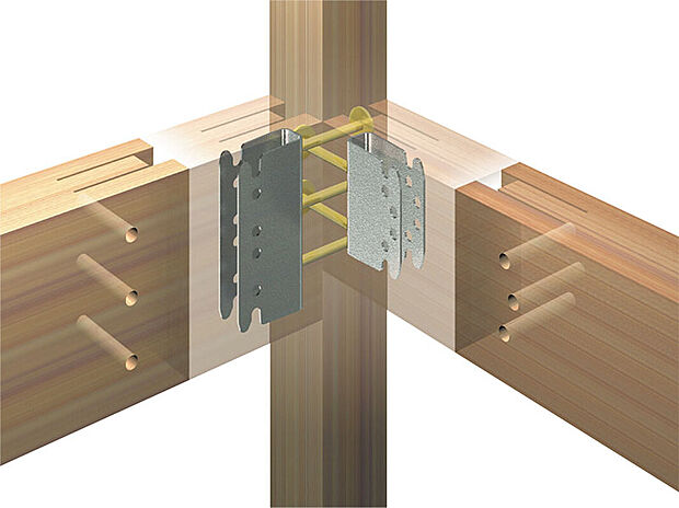 【通し柱接合金物】通し柱の削り取り部分を最小限に抑えることで柱の断面欠損が小さくなり、梁仕口のせん断面強度が大きくなります。木材の変形や柱・梁の接合部のずれが小さくなり、しっかりと繊維を固定します。（※構造図）