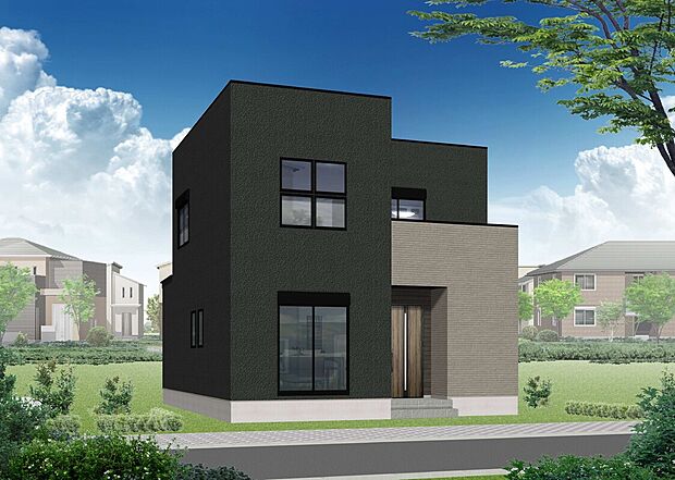 【3号地】【3号地完成予想図】
ブラック×グレーのシックな落ち着いた外観。ゆったりとくつろげる広々20帖のLDK、プライバシー空間に配慮した分離型の洗面室・脱衣室などを取り入れた注文住宅仕様の住まいです♪