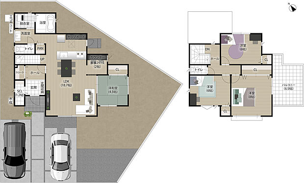 【4LDK】【1号地/ユーティリティのある家】
LDK内にカウンター付きのユーティリティをプランニング♪アイロン掛けや作業スペースとしてなど、多目的にご活用いただけるのも魅力的。充実の収納設備を設けています。