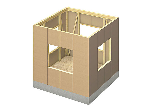 【耐震構造】筋交をバランスよく配置し、接合性能と強度の高い構造用耐力面材を土台や柱、梁へ直接張ることにより、地震や暴風に対する強度がアップする「耐力面材」。外部の力を建物全体へ分散させ、高い耐震性を確保します。