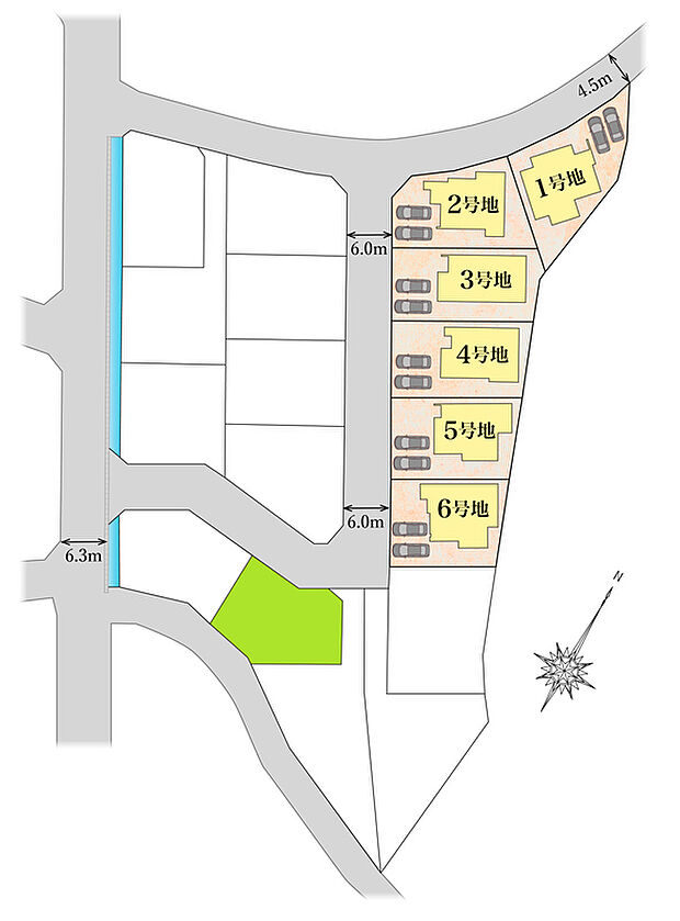 【【区画図】】全邸、50.0坪超のゆとりのある区画。柔らかな自然光・心地の良い通風をしっかり確保したプラン設計です。カースペースは並列2台以上完備。セカンドカーやお客様来訪時にも安心です。