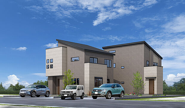 【スタイリッシュなシンプルスタイル】流行りのモダンテイストに暖かみをいれた外観となります。駐車場も並列2台可能となります。