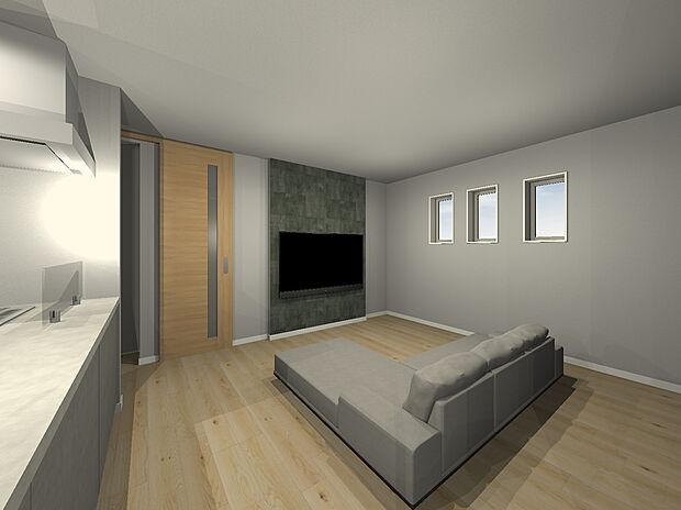 【(2号棟)完成予想図】大きな家具も置けるゆとりのLDKです。
家事動線に配慮し、最新の設備を採用し家事の時間を短縮。家族団らんの時間が生まれます。