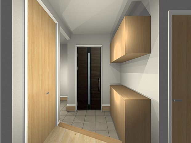 【(2号棟)完成予想図】玄関には、家族の靴を収納できる玄関収納の他、外遊び用のおもちゃやベビーカーも収納可能なシューズクロークを採用し、すっきり整頓できます。