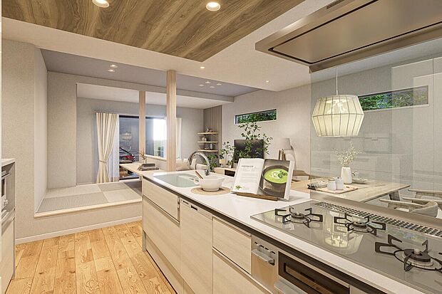 【【COCOYUNO 川越市志多町】】モデル棟完成予想パース:家族が自然と集まる開放的・温もりを感じるLDK!