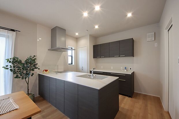 〈対面フラット型のキッチン〉
リビングやダイニングにいるご家族とコミュニケーションを取りやすい形状。段差や継ぎ目がなくお手入れが楽なのも大きな特徴。