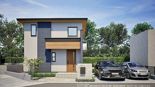 【外観参考パース】重厚感のある寄棟屋根に、水平ラインが際立つシンプルなデザイン。
※外観のご紹介は一例です。また、外観はCGによるイメージで、プランごとの配置等が異なります。