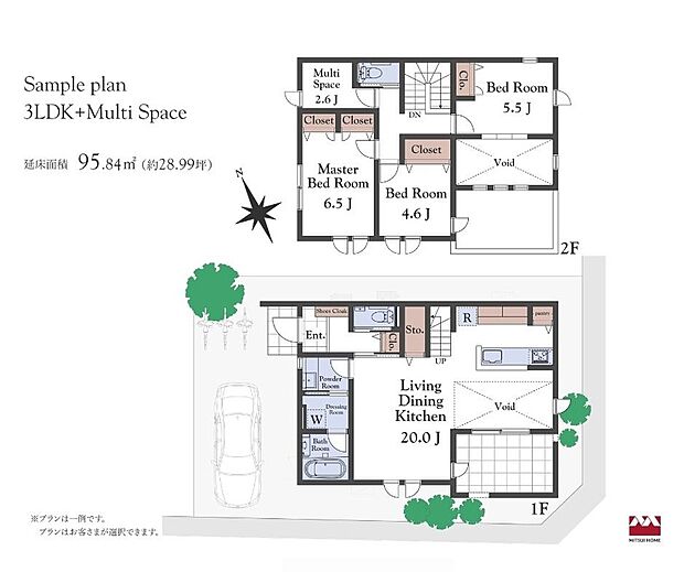 【建物プラン例（C区画）】間取り：３LDK＋マルチスペース＋テラス 本体価格：3820万円（税込）　※建物価格の他に、電気・給排水・ガス：250万円　エアコン・太陽光・ハイブリッド給湯器：155万円　エクステリア：350万円 設計諸費用：190万円等が必要となります。
