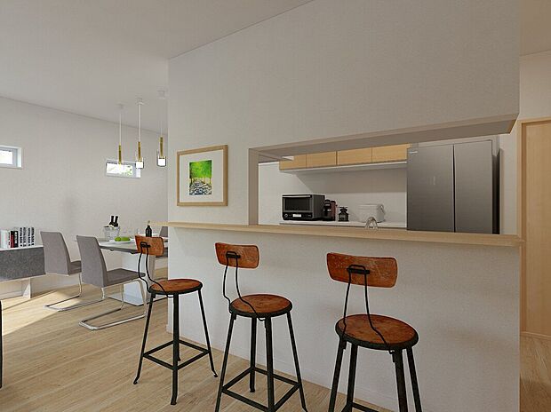 【4号地】内観イメージパース
ゆとりあるキッチンカウンターは、椅子を並べて家族で使えるカウンタースタイルにも、ダイニングテーブルとしても活用可能。ご家族の暮らし方に合わせて、自由にお使いいただけます。