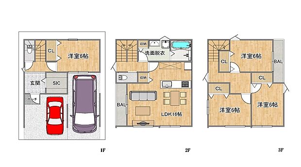 16帖のゆったりとしたリビングは、家族との会話が弾む対面式キッチンを採用♪全居室6帖+収納を備え、住空間をすっきり保てます。2階・3階の2か所にバルコニーがあり、洗濯物を干す際にも便利です！