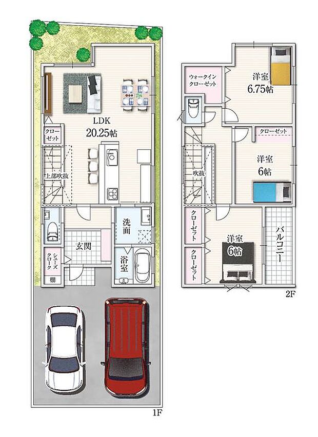 【3LDK】玄関には棚付きSICを完備し、収納力も抜群。
1階はリビングを中心に浴室や玄関へつながる回遊動線で家事ラク設計。吹き抜けで明るく開放的な空間に。