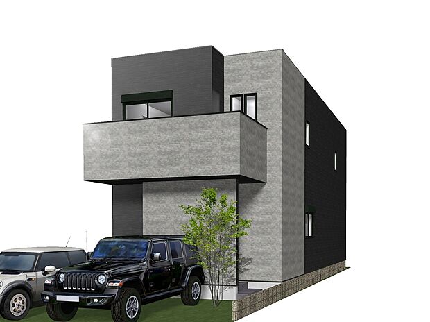 【5号地外観パース】ブラック×グレーの配色が美しい、洗練された外観デザイン。落ち着きの中に個性が光る、上品でおしゃれな住まいです。