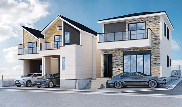 【外観パース】
新しいコミュニティが楽しみな全4棟の新築分譲住宅。異なる魅力の4棟から、お好みの1邸を選べます。全邸1台分のカースペースが設けられています(車種による)。