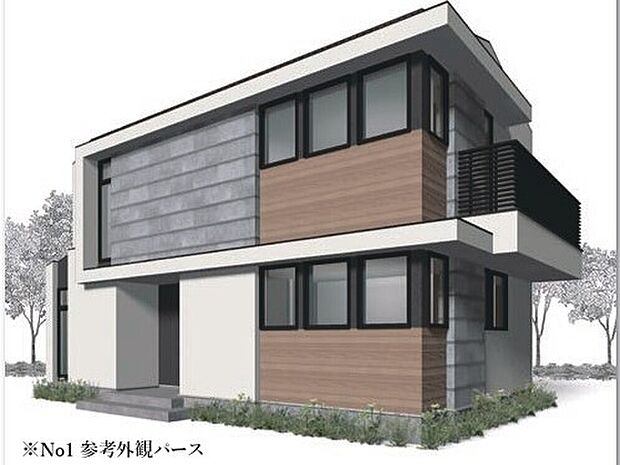 【【No.1/外観パース】】連窓が視覚的なアクセントになった、おしゃれな外観。LDKが2階に配された、プライバシーが保たれやすいプランです。