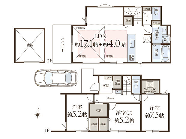【3LDK】プライバシーが保たれやすい2階リビング仕様。LDK内でお子様の宿題や在宅ワークなどを行うこともできる広さがあり、思い思いの時間を過ごせます。1階の各洋室は振り分けタイプで、寝室やお子様部屋、ゲストルームなどお好みの用途で使用することができます。