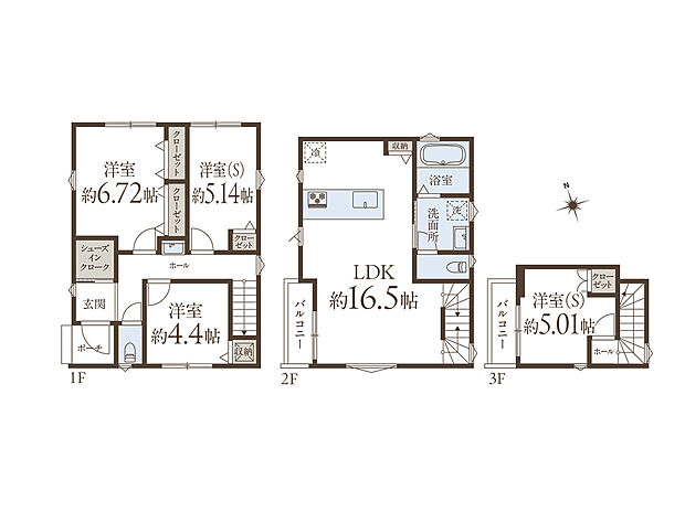 【4LDK】履物や雨具、趣味の道具などをまとめて仕舞えるシューズインクローク付き。プライバシー性に優れた2階リビング仕様です。フラット対面キッチンがご家族のコミュニケーションを育みます。