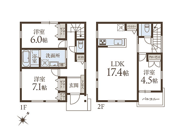【3LDK】カースペース付きの2階建て。全居室2面採光につき陽当たり・風通し良好です。LDK・各洋室・玄関ホールなどに収納が設けられ、住空間をすっきりと保てます。