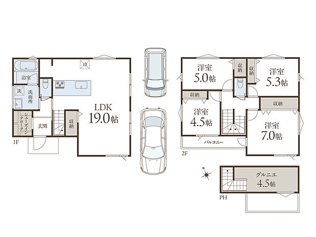【4LDK】LDKは約19帖の広さ。キッチンとダイニングスペースが横並びに配置された効率の良い動線のプランです。SICや約4.5帖のグルニエ、LDKを含め全居室に収納が設けられています。