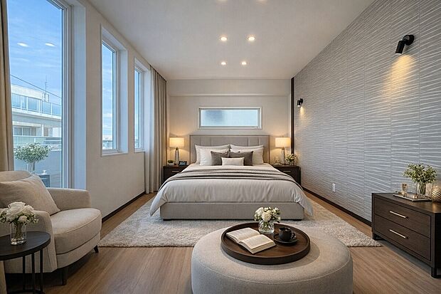 【【洋室/約8.01帖】】広さにゆとりがあり、ウォークインクローゼットが設けられているため、主寝室としてもおすすめです。家具の配置がしやすいよう、窓の配置に工夫がされています。※家具はCGです。