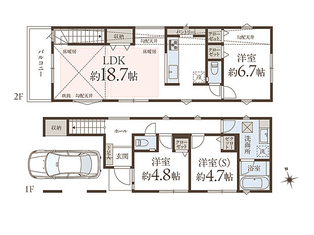 【3LDK】ビルトインタイプの駐車場付き、2階建て「3LDK」。全居室に収納スペースが設けられており、生活感の出ない住空間が叶います。駐車場収納が備わっているため、カー用品もすっきり片付きます。